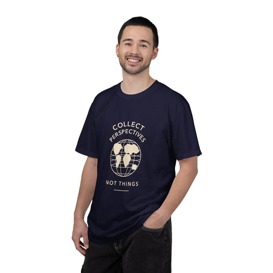 Minimalist Travel Graphic T-shirt | Collect Perspectives, Not Things | Model 1 Front View | FRONT MODEL | True Navy