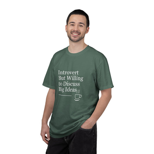 Introvert Coffee Lover T-Shirt | Introvert but Willing to Discuss Big Ideas | Model 1 Front View | FRONT MODEL | Blue Spruce