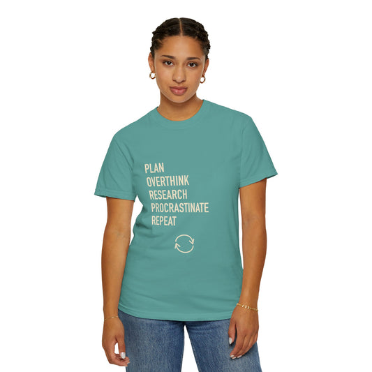 Procrastination Humor T-Shirt | Plan, Overthink, Research, Procrastinate, Repeat | Model 3 Front View | FRONT MODEL | Seafoam
