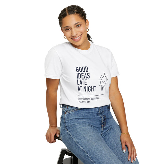 Funny Night Owl Graphic T-shirt | Good Ideas Late at Night - Questionable Decisions the Next Day | Model 3 Lifestyle View | LIFESTYLE | White