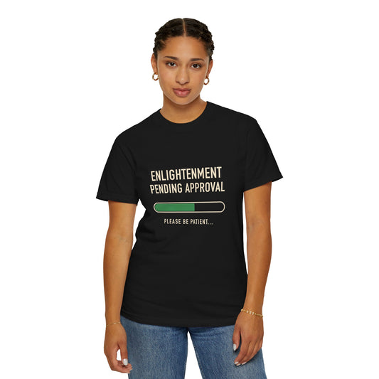 Funny Spiritual Progress Bar T-Shirt | Enlightenment Pending Approval - Please Be Patient | Model 3 Front View | FRONT MODEL | Black