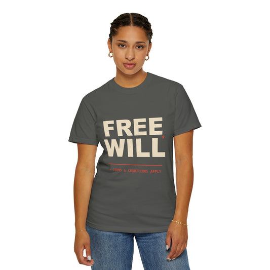 Existential Philosophy Graphic T-shirt | Free Will - Terms & Conditions Apply | Model 3 Front View | FRONT MODEL | Pepper