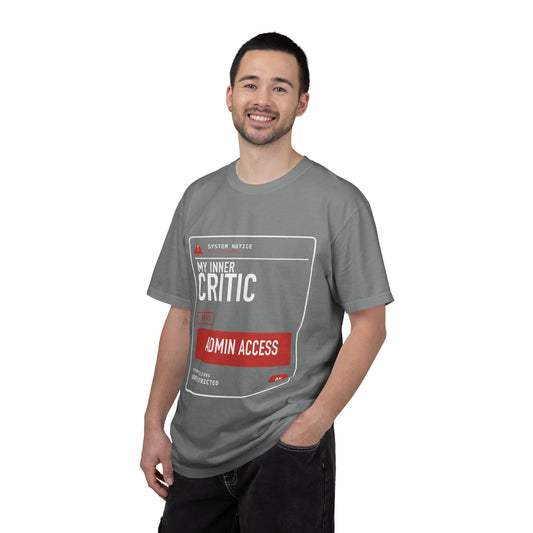 Tech Gift Graphic T-Shirt | My Inner Critic Has Admin Access | Model 1 Front View | FRONT MODEL | Grey