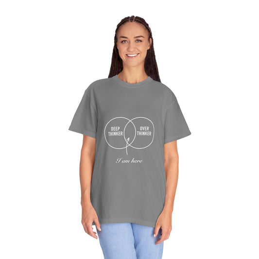 Analytical Mind Graphic T-shirt | Deep Thinker, Over Thinker - You Are Here | Model Wearing Shirt 2 | FRONT MODEL | Grey