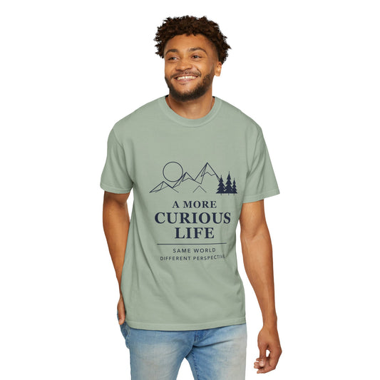 Wanderlust Mountain Graphic T-shirt | A More Curious Life - Same World, Different Perspective | Model 4 Front View | FRONT MODEL | Bay